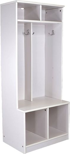 a white shelf with two open doors and three hooks on each side, in front of a white background