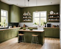 a kitchen with green cabinets and white counter tops, wooden flooring and two stools