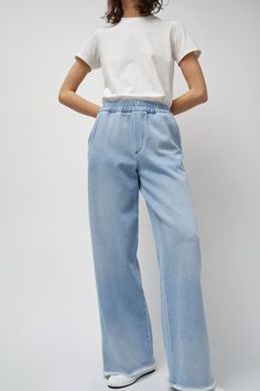 Façon Jacmin Polly Elastic Waist Jean in Light Blue Light Blue Wide Leg Pants, Blue Wide Leg Pants, Elastic Waist Jeans, Pants Elastic Waist, Japanese Denim, Denim Design, Short Pants, Leg Jeans, Wide Leg Pants