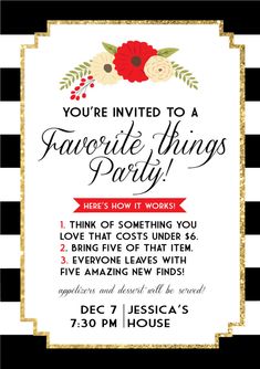 a black and white striped party with red flowers on it's border is featured in this free printable flyer