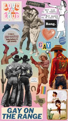 various collages of people in different outfits and colors, including one with a cowboy hat