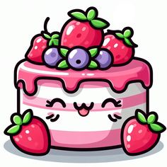 a cartoon cake with strawberries and blueberries on top