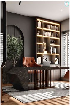 a living room filled with furniture and a book shelf