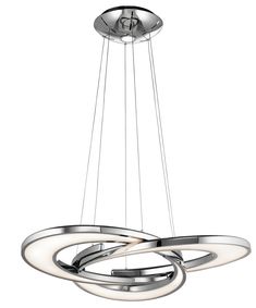 a modern chandelier with three lights hanging from the ceiling and two circular rings