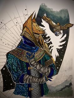 a drawing of a man in armor with an eagle on his shoulder and the moon behind him