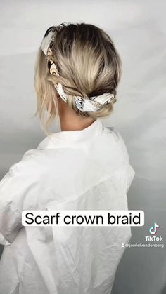 Braided Crown Tutorial Easy, Crown Braids Tutorial, Crown Braid Medium Hair, Hair Braids With Scarf, Hair Scarf Long Hair, Updo Hairstyles With Scarf, Hairstyles Using Scarf, Scarf Crown Braid, Braid Tutorial Medium Hair