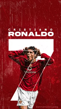 a man in red jersey holding his hands behind his head with the words ronaldo on it