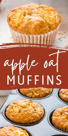 apple oat muffins in a muffin tin with the title overlay