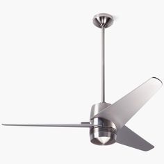 a ceiling fan that is on top of a white wall and has two blades attached to it