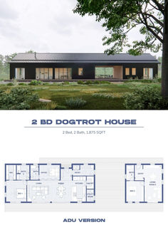 Picture of a black house rendering with a breezeway. Floorplan of the home is attached at the bottom Bunkhouse Floor Plans, 2 Bedroom 2 Bathroom House Plans, Affordable To Build House Plans, 2 Bedroom With Office House Plans, 2 Bedroom Single Story House Plans, 2bd 2bath House Plans, 2 Bedroom House Plan, House With Breezeway, 2 Houses Connected