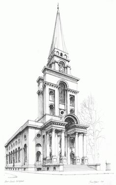 a drawing of a building with a steeple on top