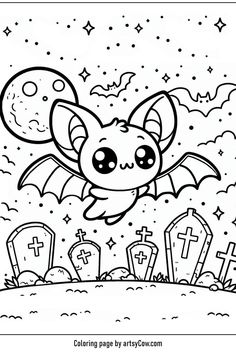 a cartoon bat flying over cemetery graveyard