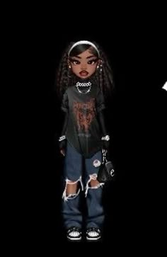 the doll is wearing ripped jeans and a t - shirt