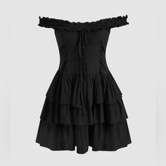 Short Black Ruffle Off-The-Shoulder Dress Zip Up Back Brand New Condition Layered Corset, Black Dress Off The Shoulder, Dark Beauty Fashion, Cider Dresses, Black Ruffle Skirt, Black Off Shoulder, Corset Mini Dress, Mini Sundress, Bow Detail Dress