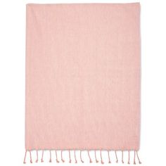 a light pink blanket with tassels on the ends and one fringe at the end