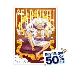 an anime character sitting on top of a chair with the caption buy 10 get 50 % off