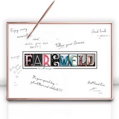 a white board with the word farewell written in multicolored letters and a pair of scissors