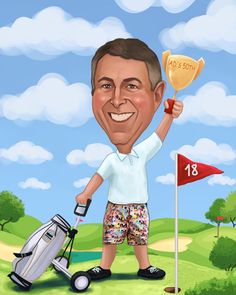 Caricature of Golfer Holding a Trophy Golf Caricature, Big Trophy, Golf Field, Caricature Online, Popular Hobbies, Caricature Art, Caricature Artist, Body Proportions, Golf Lover