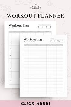 the work out planner is shown on top of a pink and white background with an image of