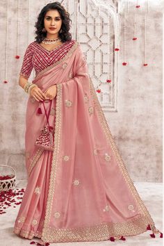 Organza Saree With Border, Organza Saree With Blouse, Saree With Border, Embroidered Organza, Work Sarees, Peach Color