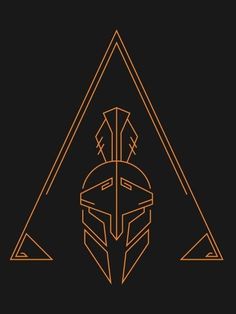 an orange line drawing of a helmet in the middle of a triangle on a black background