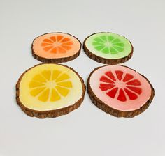 four slices of watermelon, orange and lemon on wood slices with white background