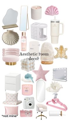 the aesthetic room decor is shown in pink, white and gold colors with text overlaying it