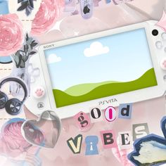 an image of a video game screen surrounded by objects and words that spell out good vibe