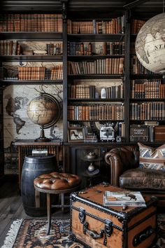 a living room filled with furniture and bookshelves covered in lots of brown books