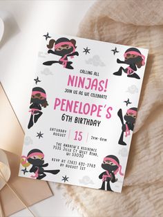 a pink and black ninja birthday party card