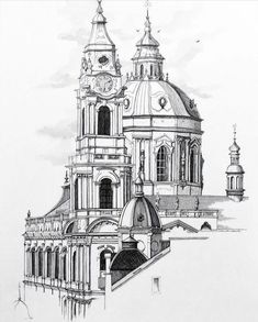 an ink drawing of a building with clocks on it's sides and steeples