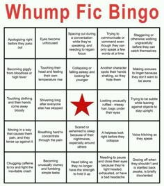 the whimp fic bingo game is shown with red stars on it