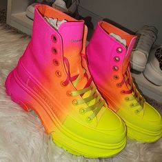 (Authentic) Ombre Tread Slick Canvas Lace-Up Boots. Tri-Color (Neon: Orange, Pink, And Yellow) Excellent Condition, Ready To Re-Home For Something New. Yellow High-top Boots For Streetwear, Neon High Heels, Flame Boots, Mcqueen Boots, Alexander Mcqueen Boots, Christmas Boots, Alexander Mcqueen Shoes, Hairdo For Long Hair, Decorated Shoes