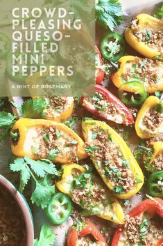 some stuffed peppers are sitting on a plate with rice and cilantro in the background