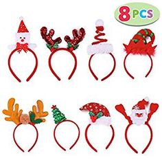 eight christmas headbands with santa hats and reindeer antlers