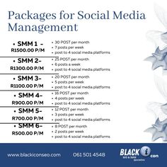 the back side of a flyer for social media management, with blue flowers on it