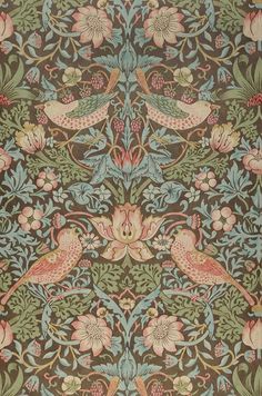 an intricately designed wallpaper with birds and flowers in the center, on dark brown background