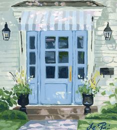 a painting of a blue front door with potted plants