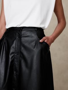 VEGAN LEATHER: Soft and smooth, this faux leather looks and feels luxurious. This lightweight Vegan Leather Midi Skirt is the perfect piece for any occasion. Button front closure. Belt loops. Front pockets. Waist darts. Full hem. Fully lined. Made exclusively for Banana Republic Factory. #759881 Vegan Leather Midi Skirt, Leather Looks, Leather Midi Skirt, Banana Republic Factory, Petite Size, Chocolate Brown, Banana Republic, Vegan Leather, Midi Skirt