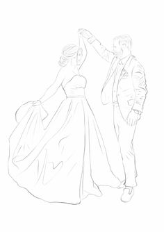 a drawing of a man and woman in formal wear dancing together with their arms around each other