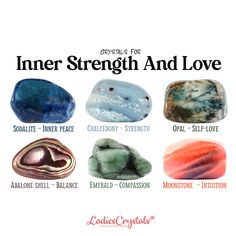 This is an inner strength and love crystal set of 6 crystals. Sodalite, chalcedony, opal, 3 abalone shells, emerald and moonstone. The inner strength and love set includes: ☆ 6 crystals are listed above with sizes 2 - 2,5 cm. ☆ Information glossy card with the properties of crystals. ☆ Velvet bag for your stones. ☆ Gift card (optional). ☆ Everything is packed in a small elegant box with a ribbon ready to be given as a gift. ☆ CRYSTALS PROPERTIES ☆ Sodalite - Inner peace Chalcedony - Strength Opa Gemstones Chart, Teen Witch, Love Crystals, Healing Remedies, Set Love, Crystal Aesthetic, Witch Spell Book, Crystals Healing Properties, Spiritual Crystals