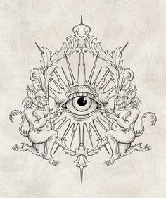 an all seeing eye surrounded by other animals and birds in the middle of a drawing