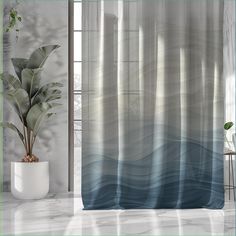 a bathroom with a shower curtain and potted plant