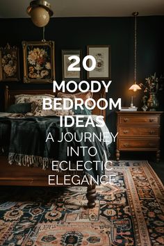 a bedroom with black walls and rugs on the floor is featured in this article