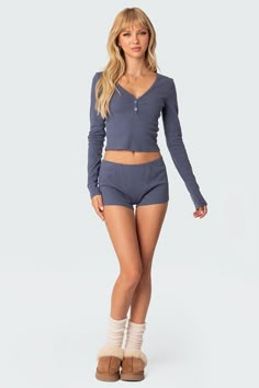 PRODUCT INFO Loungewear top V neckline Button front detailing Ribbed fabric Cotton, Spandex Model wears size S Model height is 5'6 Item care: Wash with similar color Blue Fitted Top For Lounging, Sleep Fits, Blue Fitted Tops For Loungewear, Washed Blue Long Sleeve Top For Loungewear, Blue Fitted Crop Top For Loungewear, Blue Long Sleeve Sleep Sets, Visionary Fashion, Cropped Long Sleeve Top, Ribbed Shorts