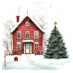 a red house with a christmas tree and candy canes in the snow next to it