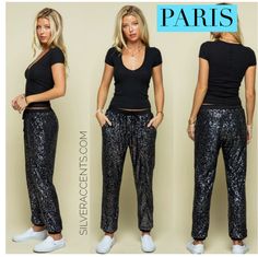 Love the look of this. It can be dressy but casual. Sequin Pants With Sneakers, Jollywood Nights, Sequins Pants Outfit, Sequins Pants, Sequin Jogger Pants, Sequin Pant, Black Paris, Jogger Pants Outfit, Sequin Pants