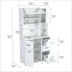 a white cabinet with drawers and measurements for the top shelf, bottom drawer and bottom door