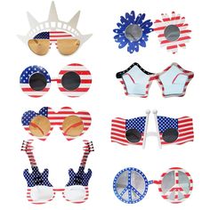 various patriotic sunglasses with the american flag and sun glasses on them, all in different colors