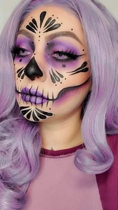 Pastel Skeleton Makeup, Catrina Kids Makeup, Purple Day Of The Dead Makeup, Purple Skeleton Makeup, Skeleton Makeup Colorful, Blue Sugar Skull Makeup, Skull Makeup Colorful